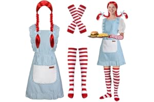 LFUTARI 4 Pcs Halloween Fast Food Girl Costume, Red Braided Wig with Blue Bow and Apron, Red and White Striped Gloves Socks for Adult Teenager Halloween Cosplay Party Stage Performance