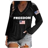 Retro Freedom American Flag Printed T-Shirt Women Long Sleeve Casual V-Neck Freedom USA Shirt A True Patriot Tees