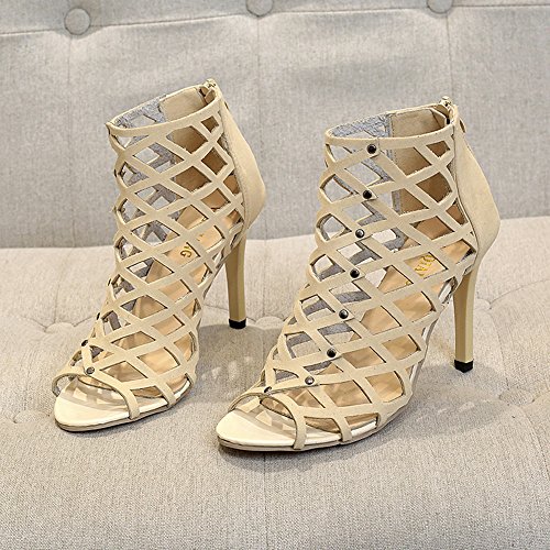 Sunyastor Women's Crisscrossed Open Toe Sandal Wedding Stiletto Pumps Strappy High Heel Shoes Rivet Roman Gladiator Sandals Beige