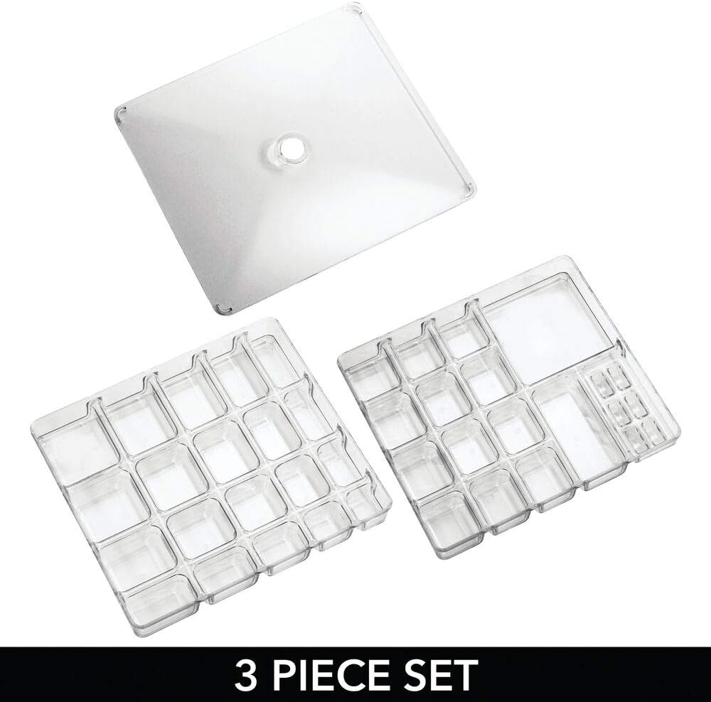mDesign Stackable Plastic Storage Jewelry Box - 2 Organizer Trays with Lid for Drawer, Dresser, Vanity - Holds Necklaces, Bracelets, Bangles, Rings, Earrings - 3 Pieces - Clear: Home & Kitchen