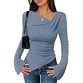 ZESICA Women's Long Bell Sleeve Shirts 2026 Fall Going Out Asymmetrical Crop Tops Slim Fit Ribbed Ruched Y2K Clothes