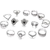 JAGTRADE Ring 15Pcs Vintage Silver Joint Knot Rings Set Women Bohemian Stackable Joint Finger Rings Retro Stone Crystal Stacking Rings