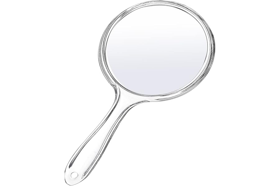 D Handheld Mirror with Handle 3.9″ W x 8.3″ L Hand Mirror Small Doule Sided Magnifying Mirror 1X 2X, Handle Makeup Mirror, Acrylic Handheld Mirror Rounded Shape, Transparent 1 PCS