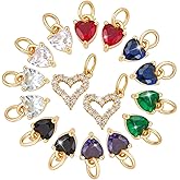 PH PandaHall 16pcs 18k Gold Plated Heart Charms, 8 Styles Cubic Zirconia Pendants Brass Birthstone Charms with Jump Ring for Earring Bracelet Necklace Choker Jewelry Making Thanksgiving