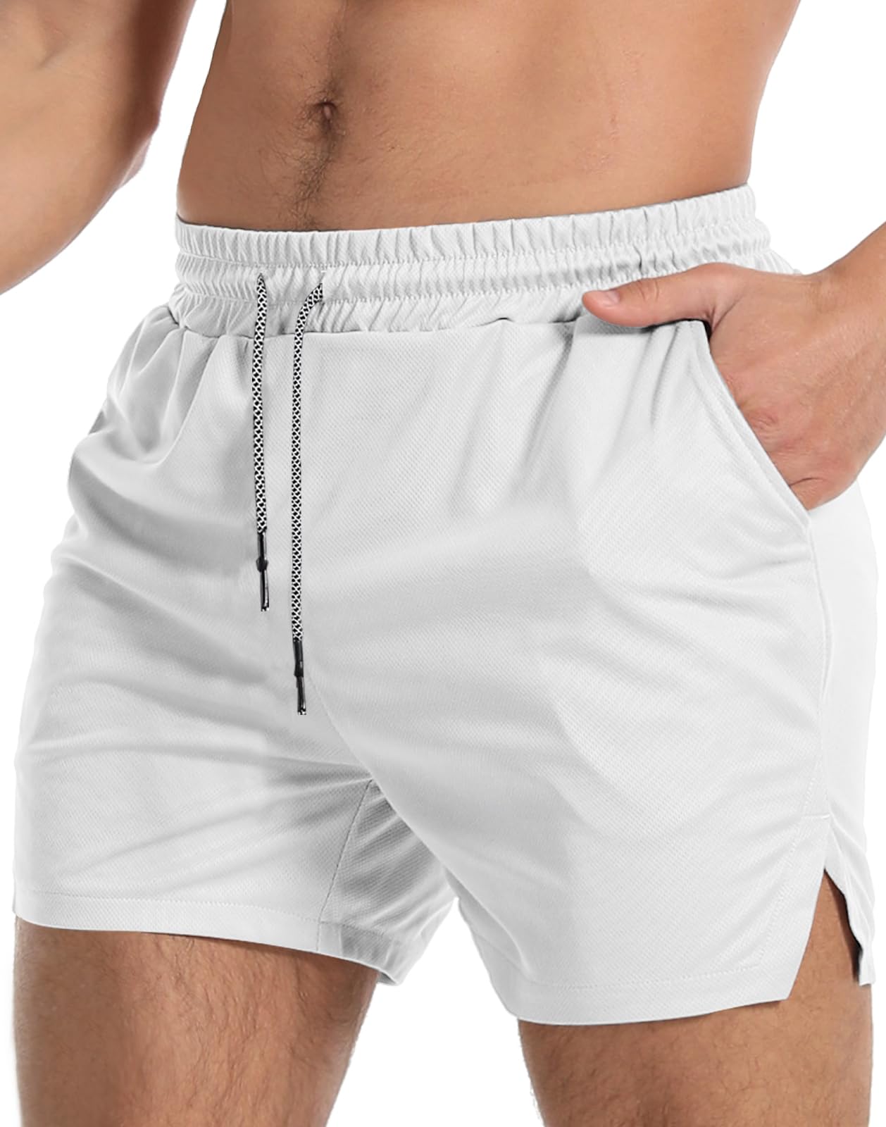 Photo 1 of Aolesy Men's Gym Workout Shorts 5 Inch Lightweight Bodybuilding Athletic Shorts Running Training with Zipper Pockets & Towel Loop White