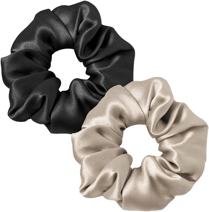 LILYSILK Women's 100% Silk Hair Scrunchies Ladies Elastic Hair Tie Bobbles Ponytail Holders for All Hair Type and Conditions and Preventing Hair Frizz Breakage Loss,Black+Taupe