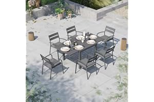 Soleil Jardin 7-Piece Outdoor Patio Dining Set, 35" - 71" Aluminum Expandable Outdoor Dining Table Set for 6, 6 Stackable Chairs with Gray Removable Cushions, Dark-Grey