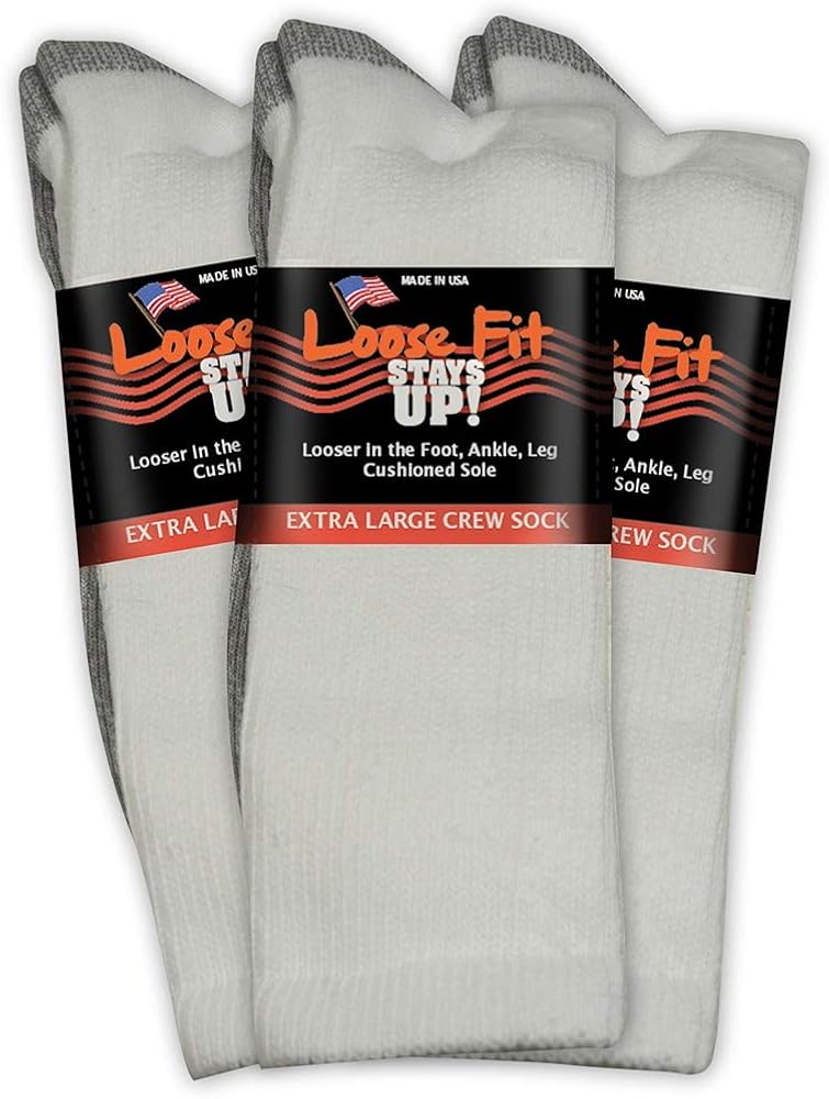 Loose Fit Stays Up Men's and Women's Casual Crew Socks (Pack of 3) Made in USA! Cushioned Sole