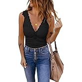 Bigeoosh Womens Lace Patchwork Sexy Deep V Neck Knitted Vests Summer Camis Tank Tops