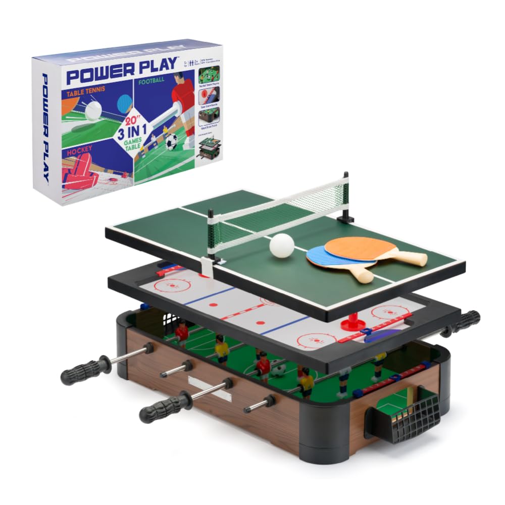 Powerplay 3 in 1 Table Top Games, Multi Game Table Set, Mini Football, Hockey and Table Tennis, One Size