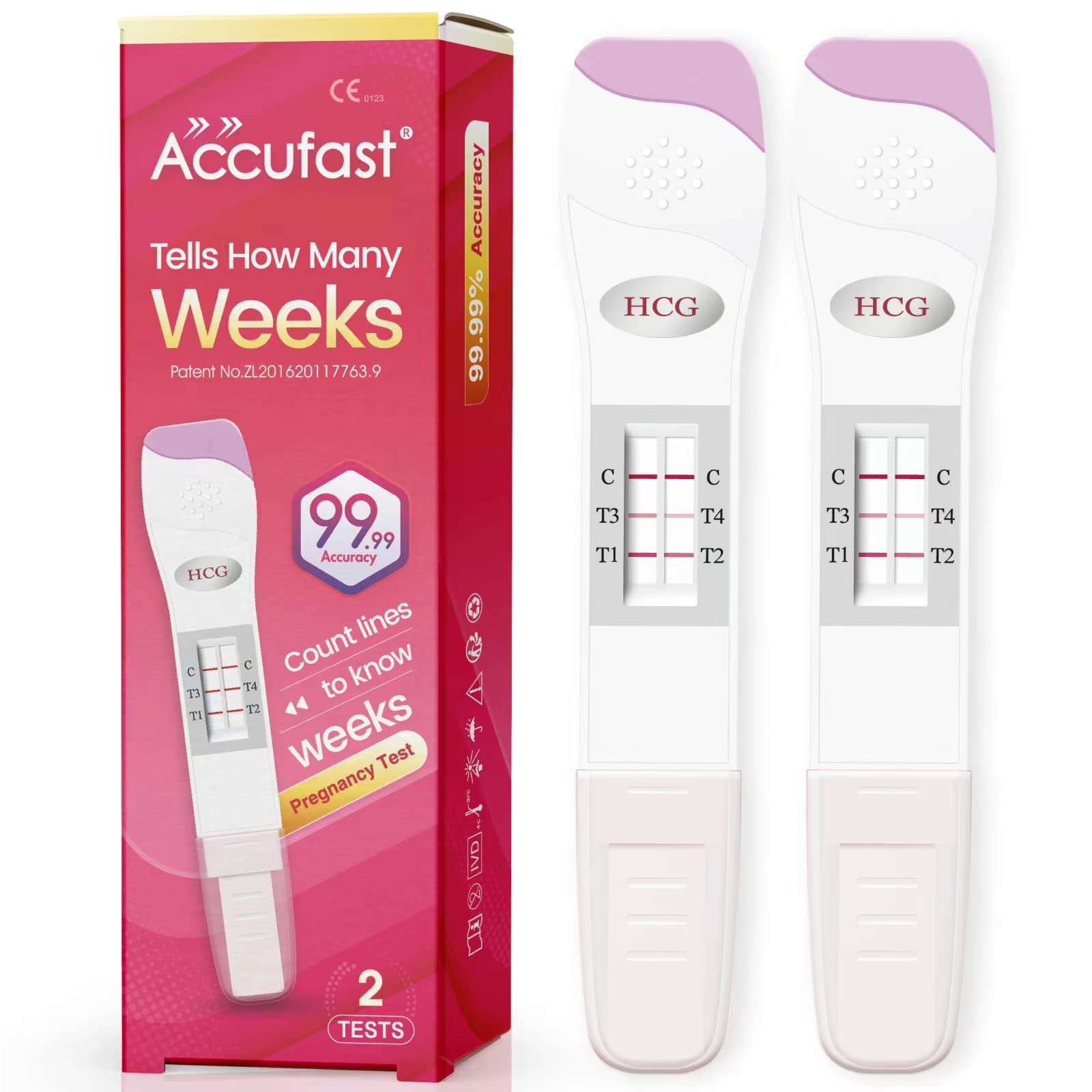 Accufast 2X Pregnancy Test with Week Indicator - Tell You How Many Weeks Pregnant, 25 MIU/ml Pregnancy Test for Early Detection, hCG Level Test for 1-4 Weeks Pregnant