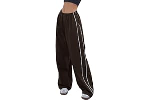 Aedceal Women's Parachute Pants Baggy Track Y2K Black Elastic Waist Wide Leg Trousers