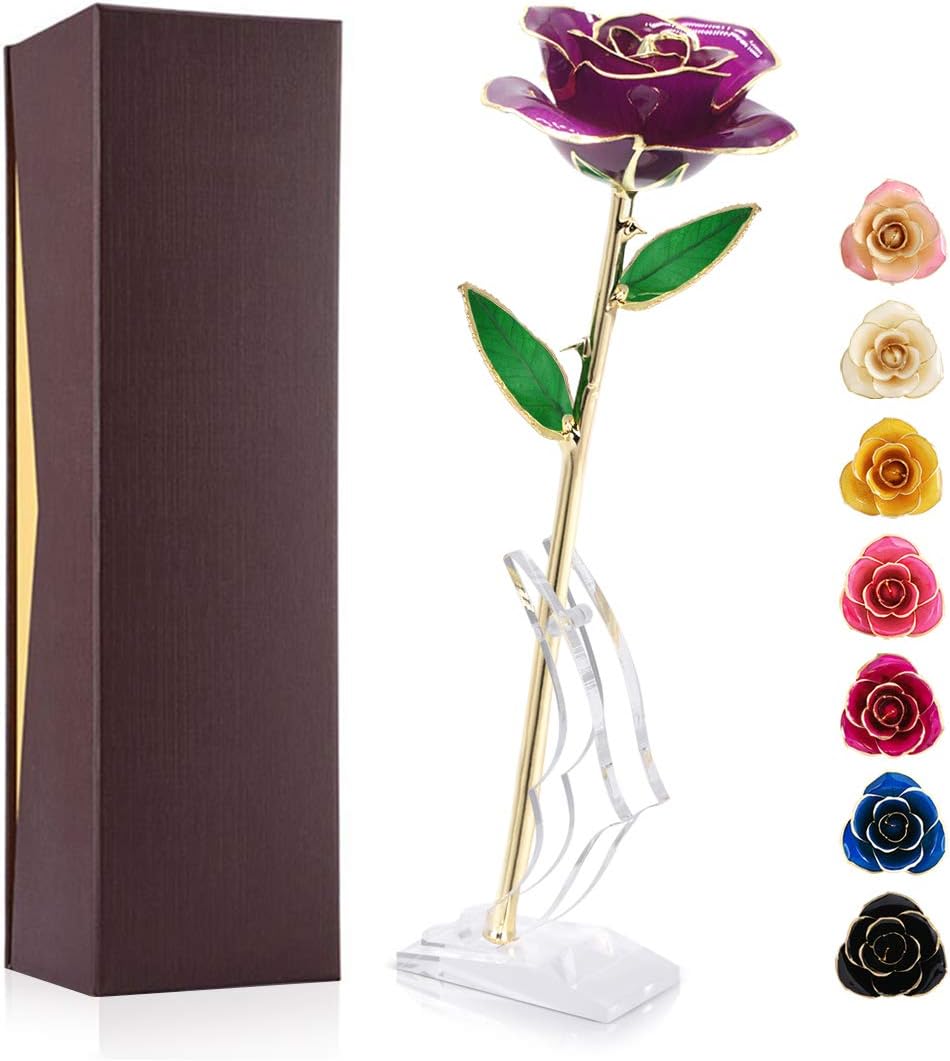 Gold Plated Rose 24K, Forever Preserved Real Rose Gift for Lover Mom Wife Daughter Girl Friend, Unique Present on Valentines Day, Wedding Anniversary, Birthday, Proposal, Reward (Purple with Stand)