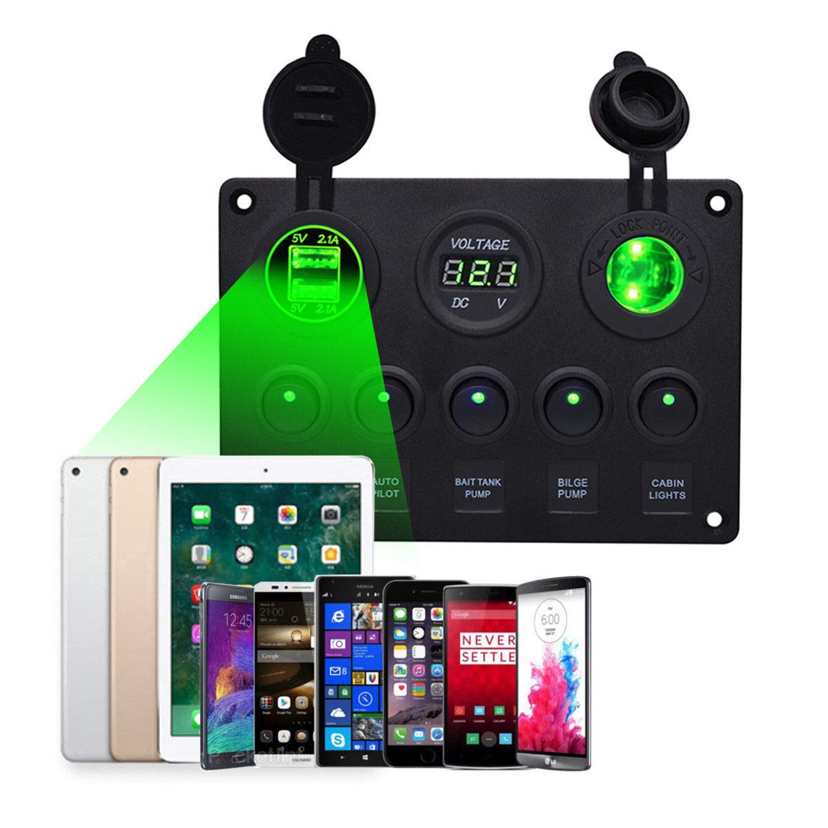 Boat Multi-Functions Panel - 5 Gang ON-OFF Toggle Switch Panel,Dual USB Socket Charger 2.1A&2.1A + Cigarette Lighter + LED Voltmeter for Car Marine RV Truck Camper Vehicles GPS Mobiles (Green)