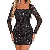 MOEENCN Women Mesh Dress Sparkly Long Sleeve Square Collar Pleated Bodycon Dresses Party Night Club Outfits