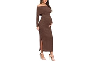 CYCLAMEN Off-Shoulder Maternity Sweater Dress Rib Knit Long Sleeve Dresses with Side Slit Pregnancy Clothes Baby Shower
