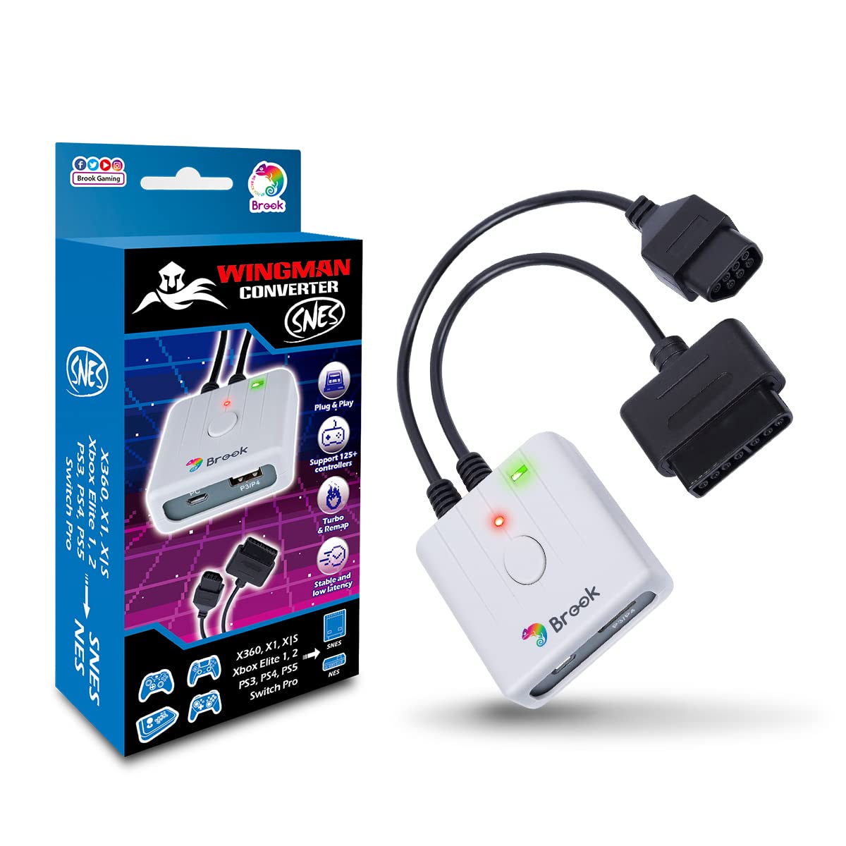 Brook Wingman SNES Converter - Retro Gaming Controllers Converter For XB Series X/S, One, 360/PS5/PS3/PS4 and NS Pro controllers on NES, SNES, New FC, and SFC retro gaming consoles