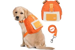 DoggieKit Dog Backpack Harness with Leash,Cute Pet Puppy Backpacks Bulid-in Dog Poop Bag Dispenser,Adjustable Pets Self Carrier Bag for Small Medium Dogs Travel Hiking Daily Walking(M, Orange)