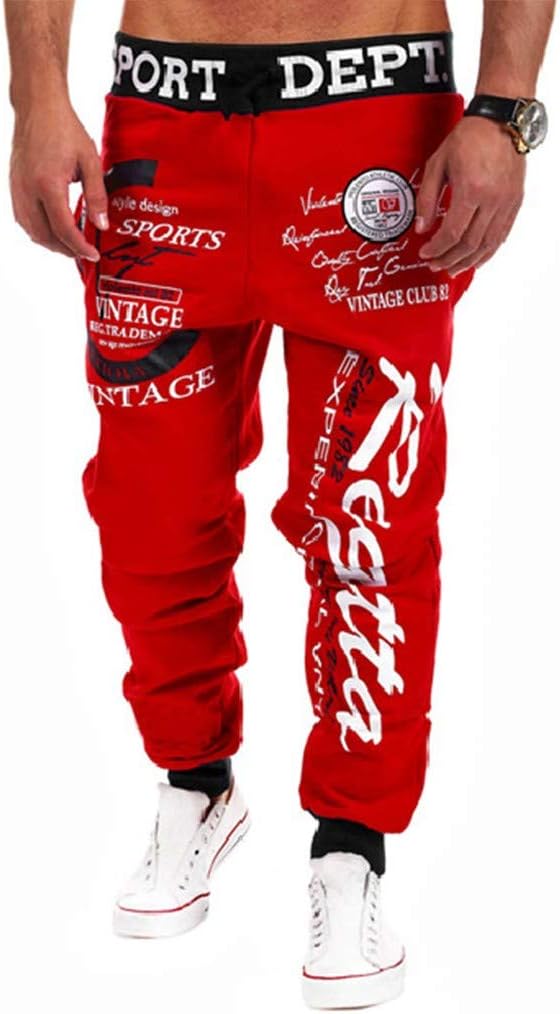 Auied Men Casual Loose Letter Print Drawstring Elastic Waist Long Pants Trousers Jogging Elasticated Waist Pants Running Jogger Gym Elasticity Sweatpants