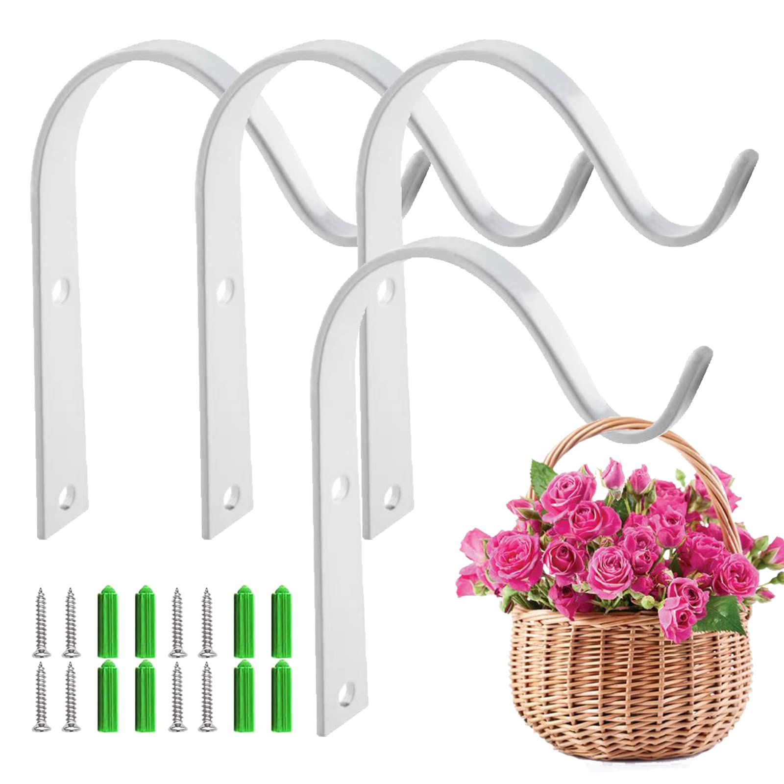 Puedno Hanging Basket Bracket, 4PCS Metal Hanging Basket Brackets Hooks Hanging Bracket Hooks for Garden Lawn Light Flower Pots Bird Feeders Plants Lanterns Wind Chimes White
