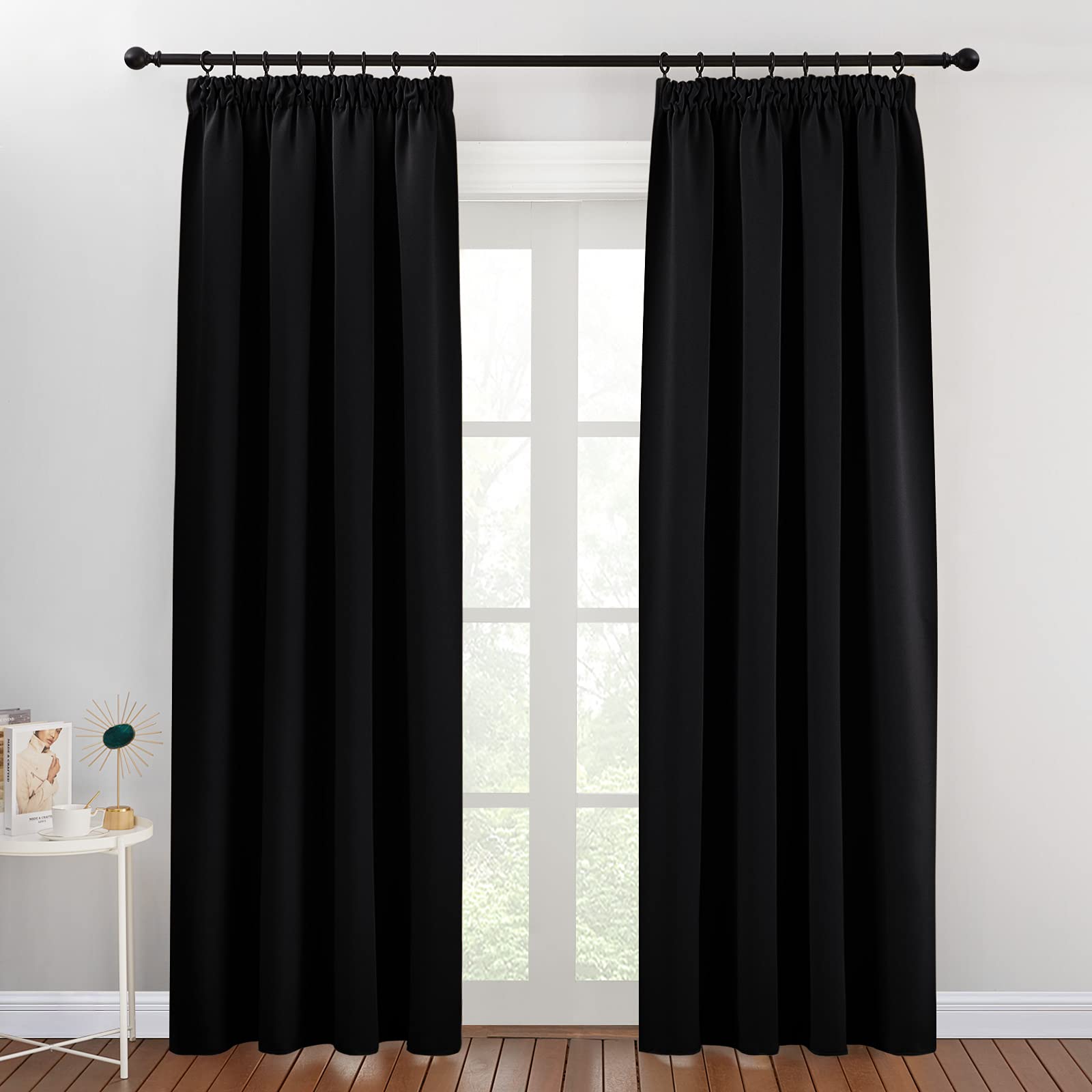 PONY DANCE Pencil Pleat Door Curtain Blackout - 2 Panels Thermal Insulated Curtains for Living Room Privacy Screen Heat Cold Blocking, 46 inch Width x 84 inch Drop, Black