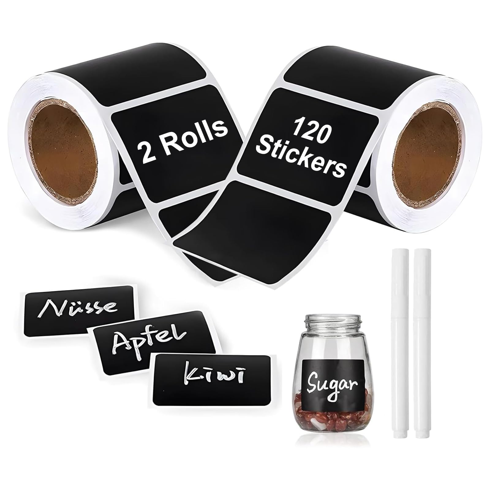 Chalkboard Labels for Jars – 120 Reusable Stickers (2 Rolls) with 2 Liquid Chalk Pens – Waterproof, Removable Blackboard Labels for Kitchen Storage, Pantry, Bins, Jars, Office