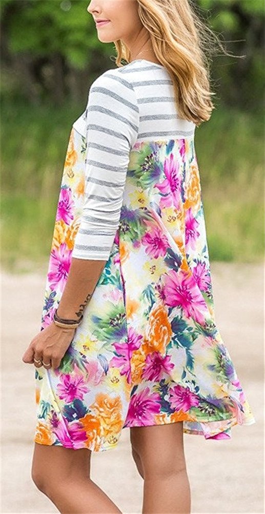 Women\'s Long Sleeve Floral Casual Striped T-Shirt Swing Dress with Pockets Orange M