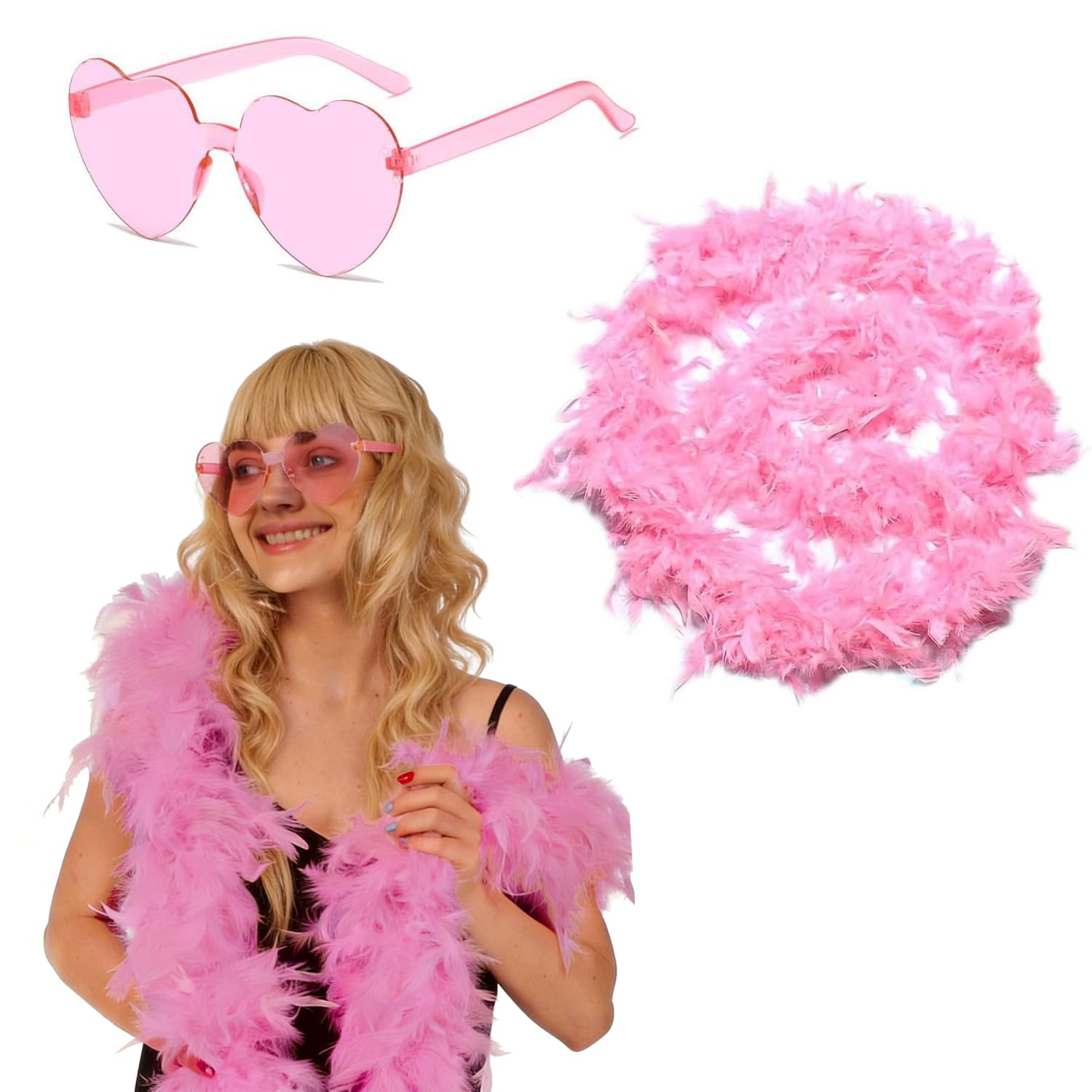 Norhogo pink feather boa, 1.8m pink feathers scarf for Women, boa and glasses, feather boa, feather boas for Dancing Wedding Party Cosplay Halloween, with Heart Rimless Sunglasses