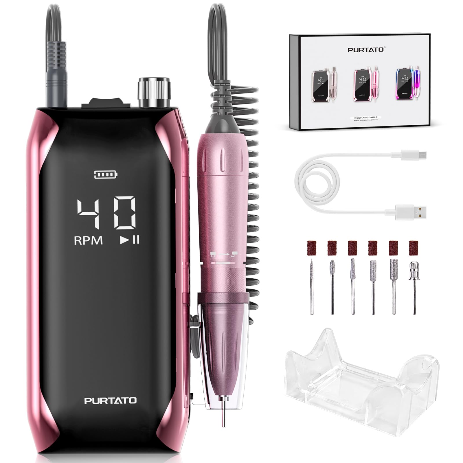 Photo 1 of ***FACTORY SEALED*** PURTATO Professional Nail Drill 40,000 RPM, Rechargeable,LCD Display E File Machine for Acrylic Nails Gel Polishing Removing Portable Nails Efile Tools for Manicure Salon & Home (Pink)