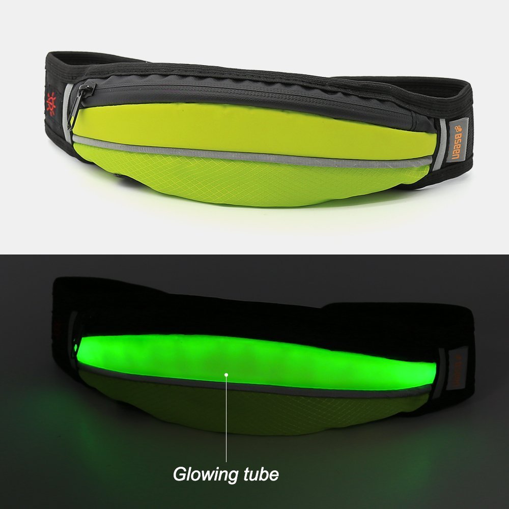 BSeen (TM) Waist Bag with LED Lights- USB Rechargeable Fanny Pack Neon with Earphone Hole, Adjustable for Runner, Women and Men-Holds iPhone 6/6s & Similar Smartphones (Green/Green)