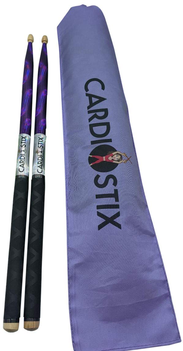 CardioStix Plus Weighted (1 pair you choose) 5oz American Hickory Wood Cardio drumsticks 2B 16 Inches Long w/new improved grips | For drumming, exercises(Purple/silver/black)