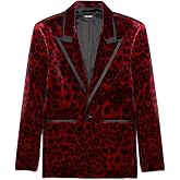 Ufehaho Red Black Leopard Print Velvet Blazer with Satin Lapel Trim Peaked Lapel Prom Party Tuxedo Jacket Animal Pattern
