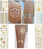 Metallic Temporary Tattoos for Women Teens Girls - 8 Sheets Gold Silver Temporary Tattoos Glitter Shimmer Designs Jewelry Tattoos - 100+ Color Flash Fake Waterproof Tattoo Stickers (Caicos)