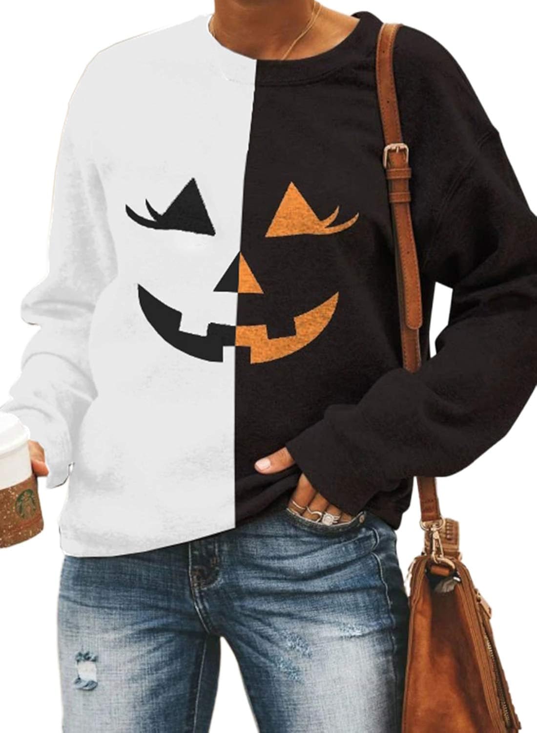 LOSRLY DamenPullover, HalloweenKürbisgesicht, bedruckt, langärmelig