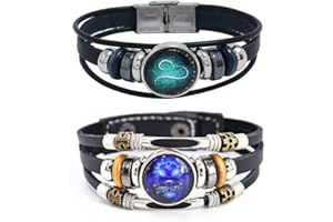 HEWILL 2Pcs Multilayer Constellation Zodiac Leather Bracelet Handmade Woven Zodiac Sign Wrap Bracelet Wristband for Women Men Jewelry Birthday Gift