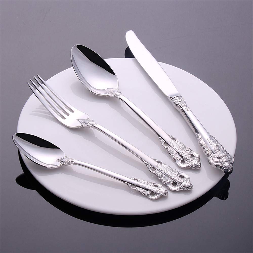 Classic Silver Cutlery Set Stainless Steel Flatware Set Mirror Polish Dinnerware Fork Knife Spoon Durable Stain and Fade Resistant Silverware Wedding Gift 4 Pieces