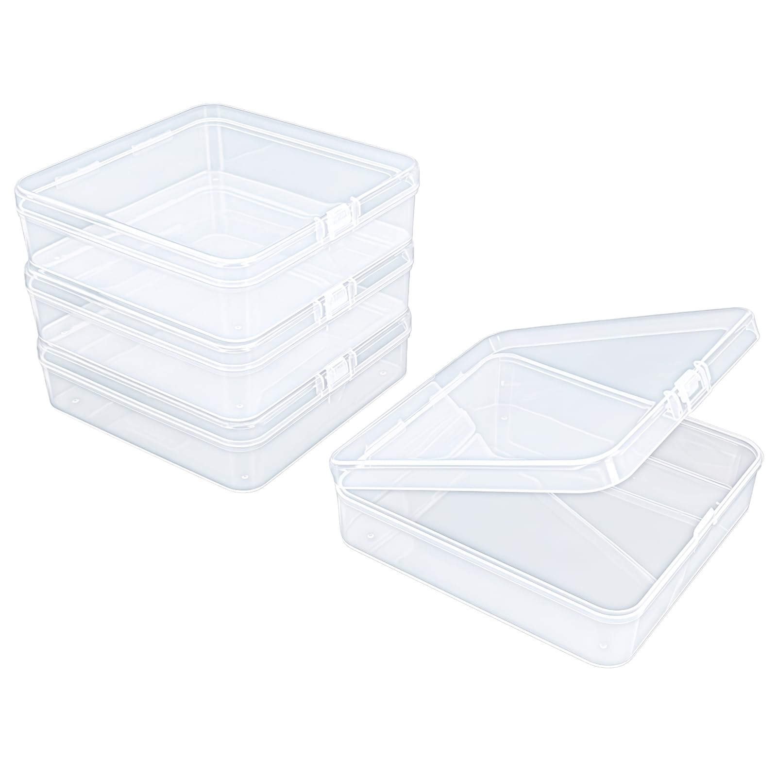 Goodma 4 Pieces Square Empty Mini Clear Plastic Organizer Storage Box Containers with Hinged Lids for Small Items and Other Craft Projects (125 x 125 x 35 mm)