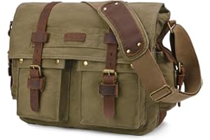 Kattee Military Messenger Bag Canvas Leather Shoulder Bag Fits 14.7/15.6 Inch Laptop