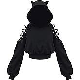 NHUHEQ Womens Cat Ear Hoodie Cute Crop Top Pulloveroff Shoulder Sweatshirt Rave Long Sleeves Fashion