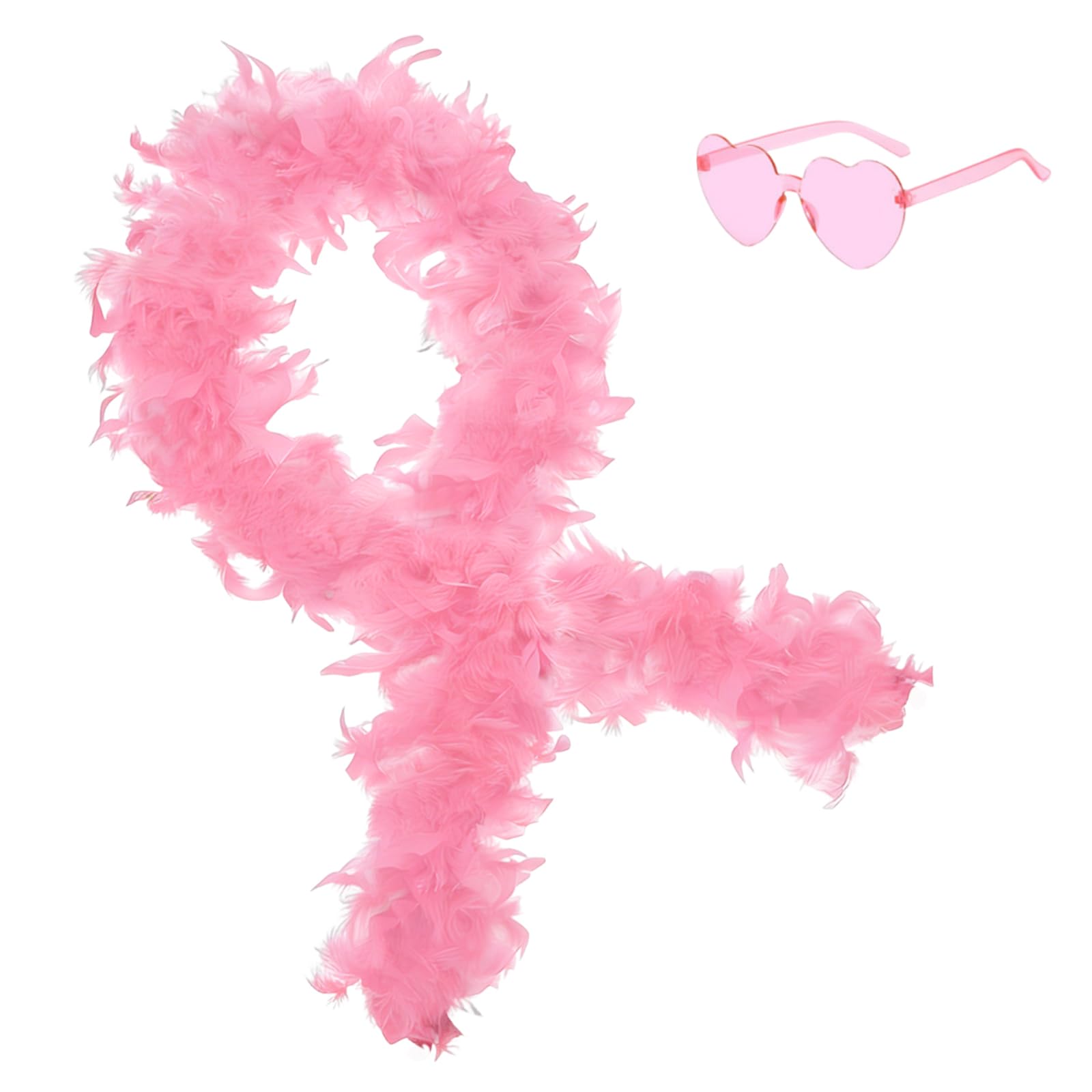 2Pcs Colorful Fancy Dress Feather Boa Set, 6.6ft Feather Boa with Heart Rimless Sunglasses for Women, Artificial Fluffy Boa Decorations wit for Dancing Wedding Party Cosplay Halloween (Light Pink) — image 1