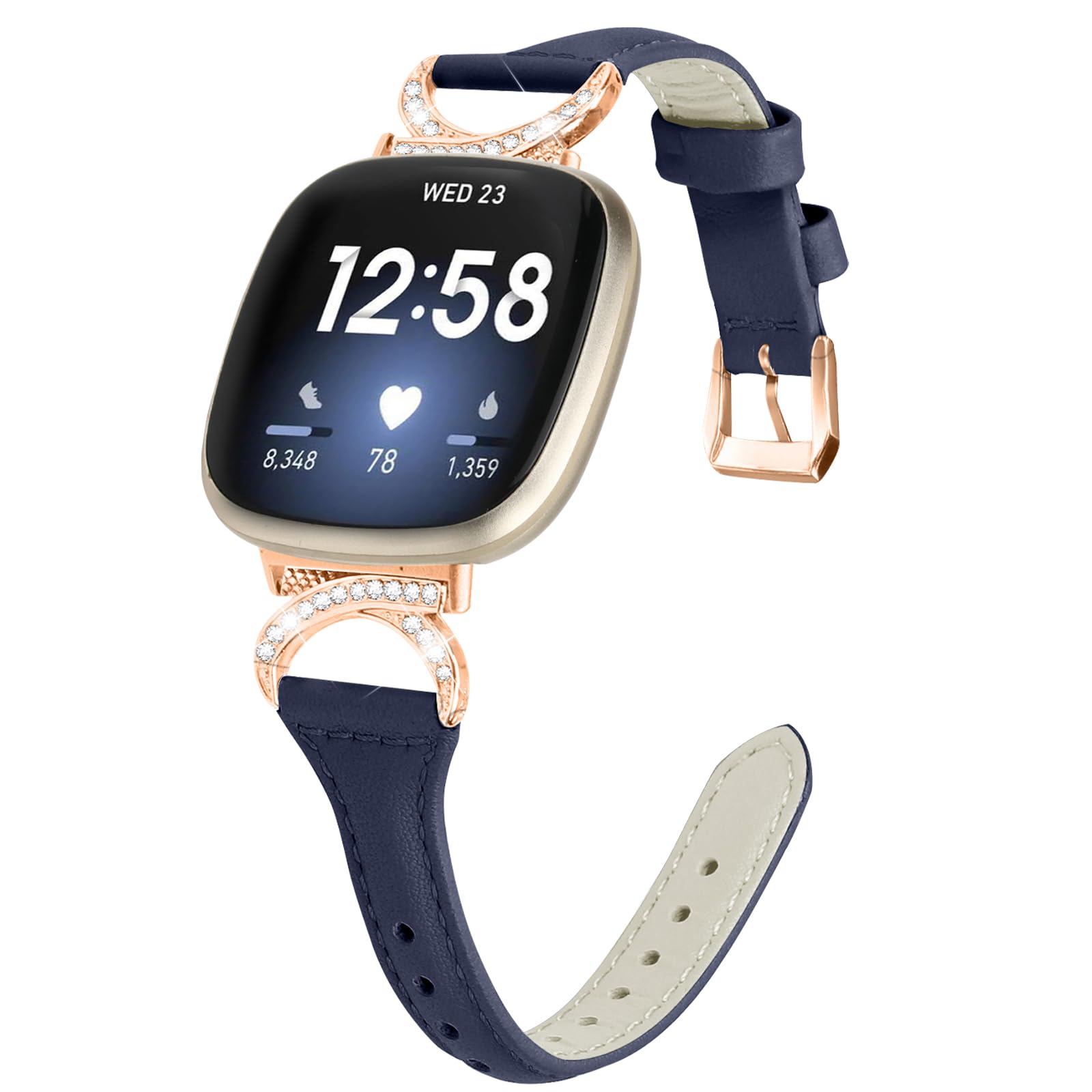 PaceBid Leather Strap Compatible with Fitbit Versa 4/Versa 3, Women Men Adjustable Bling Premium Genuine Leather Slim Elegant Replacement Watch Bands for Fitbit Sense/Sense 2 - Blue