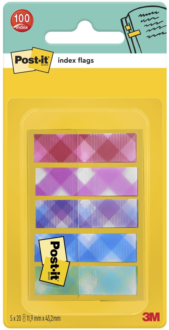 Post-it Index Flags, Small, Plaid Printed Collection, 11.9 mm x 43.2 mm, 100/Pack - to Mark, Highlight or Color Code Important Information