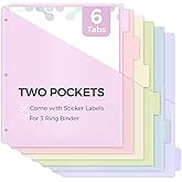 SKYDUE Binder Dividers with Tabs and Pockets, Long-Lasting Plastic 6 Tab Dividers for 3 Ring Binder, Tear-Resistant Plastic Binder Tabs Dividers for School, Office, Home
