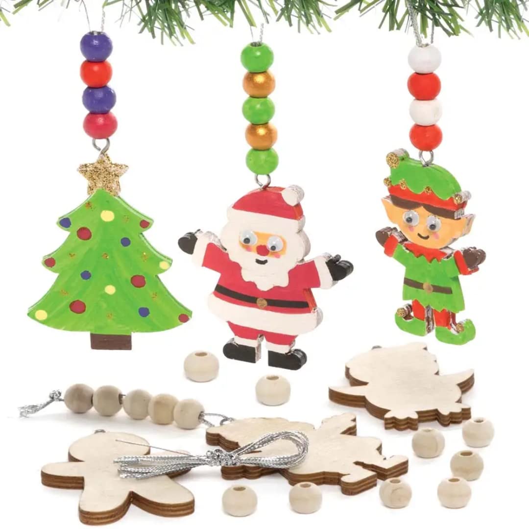 Baker Ross FC194 Christmas Wooden Bead Kits - Pack of 6, Wood Crafts for Children to Decorate and Display, Make Your Own Decorations for Kids Arts and Crafts,Silver