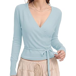 Outfeel Women Crop Top Long Sleeve V Neck Lightweight Crochet Cardigan | Soft Tie Front Lightweight Ballet Core Flattering Wr