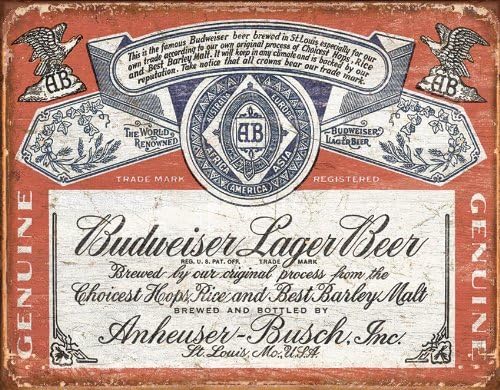 Puernash Budweiser Historic Label 8 X 12In. Tin Sign Wall Sign Plaque Poster for Home Bathroom and Cafe Bar Pub, Wall Deco