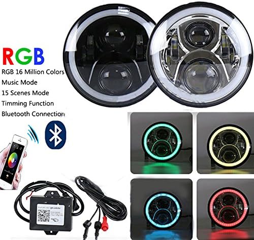 IOV LIGHT 2pcs 7Inch 40W Round Headlight DRL with RGB Halo Ring iPhone and Android Compatible Bluetooth App Control RGB Jeep Headlight for 1997~2016 Jeep Wrangler JK LJ CJ Hummer H1 H2 Driving Light