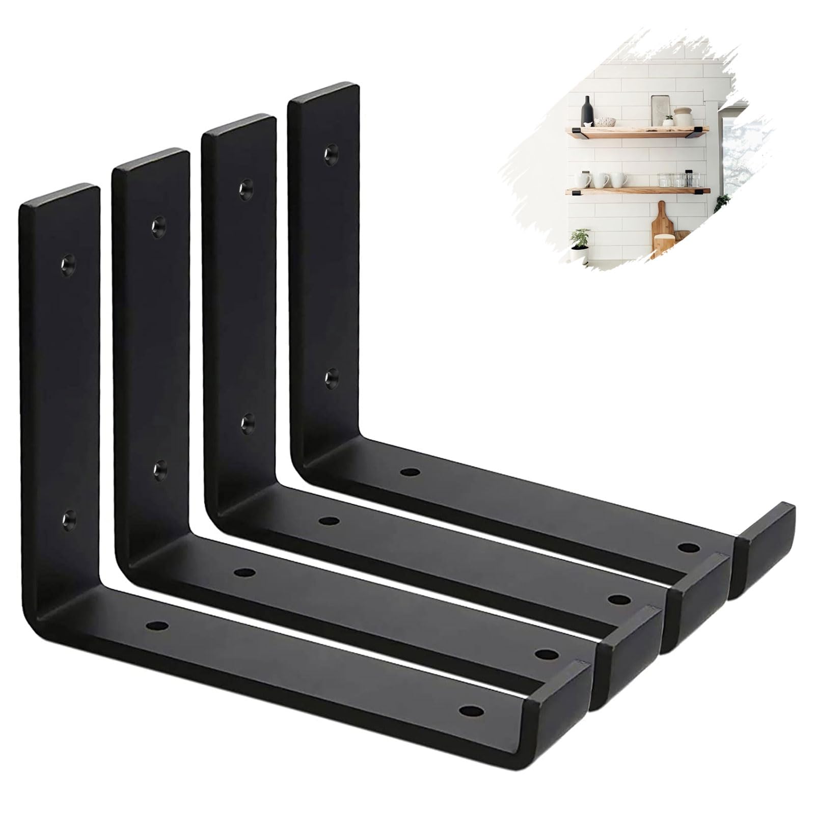 MLOQI 4 Pack Scaffold Board Shelf Brackets with Lips, 5mm Thick Heavy Duty L Wall Brackets for Shelves, Black Industrial Shelves Support (8"x6"/20cm x 15cm)
