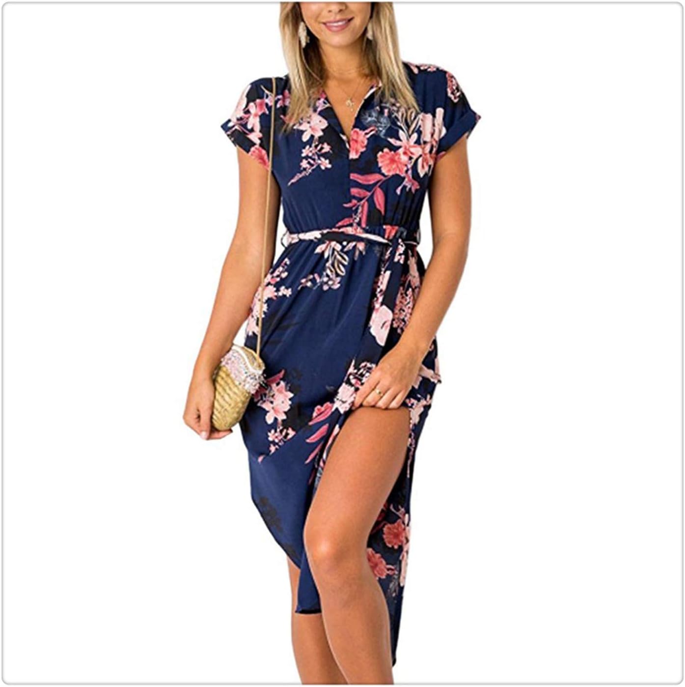 Eairouquji Women Floral Print Beach Dress Ladies Vintage Bandage Bodycon Party Dress Size S-3XL