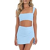 CSDAJIO Summer 2 Piece Outfits for Women Sleeveless Square Neck Crop Top Ruched Strappy Tank and Bodycon Mini Skirt
